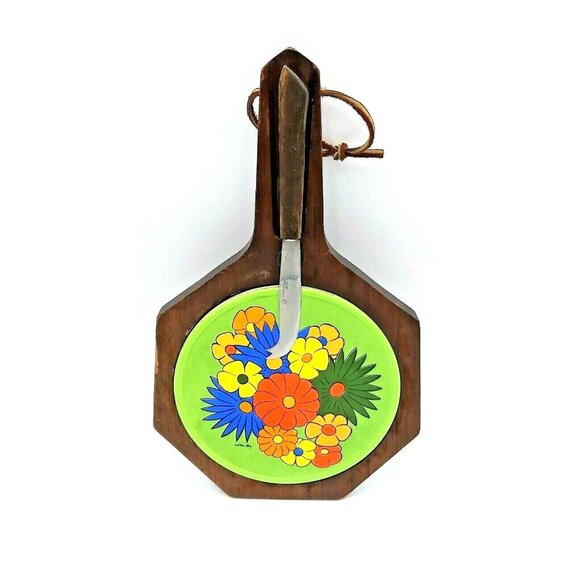 Cheese Cutting Board Hardwood Ceramic Insert  Cheese Knife Japan-Vintage - Picture 2 of 7